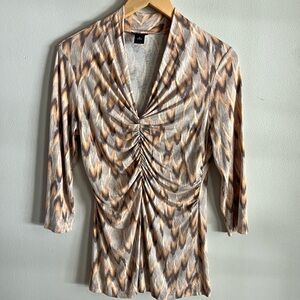 Ann Taylor Ruched Front Abstract Print Top Brown Beige Stretch Knit Blouse M